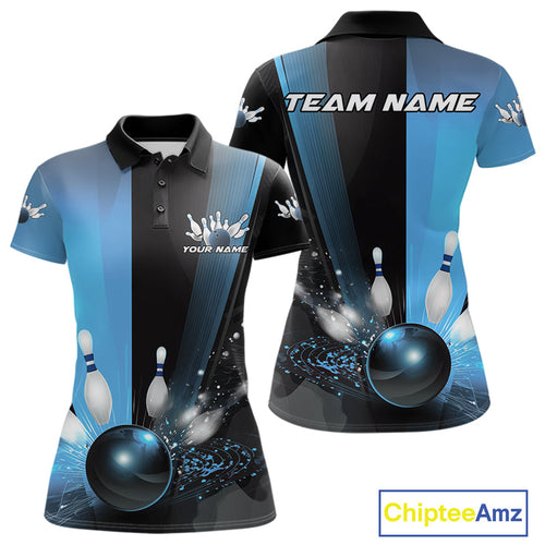 Custom Black And Blue Bowling Jerseys, Glowing Motion Graphic Bowling Women Polo Shirt IPHW9444
