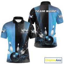 Load image into Gallery viewer, Custom Black And Blue Bowling Jerseys, Glowing Motion Graphic Bowling Men Polo Shirt IPHW9444
