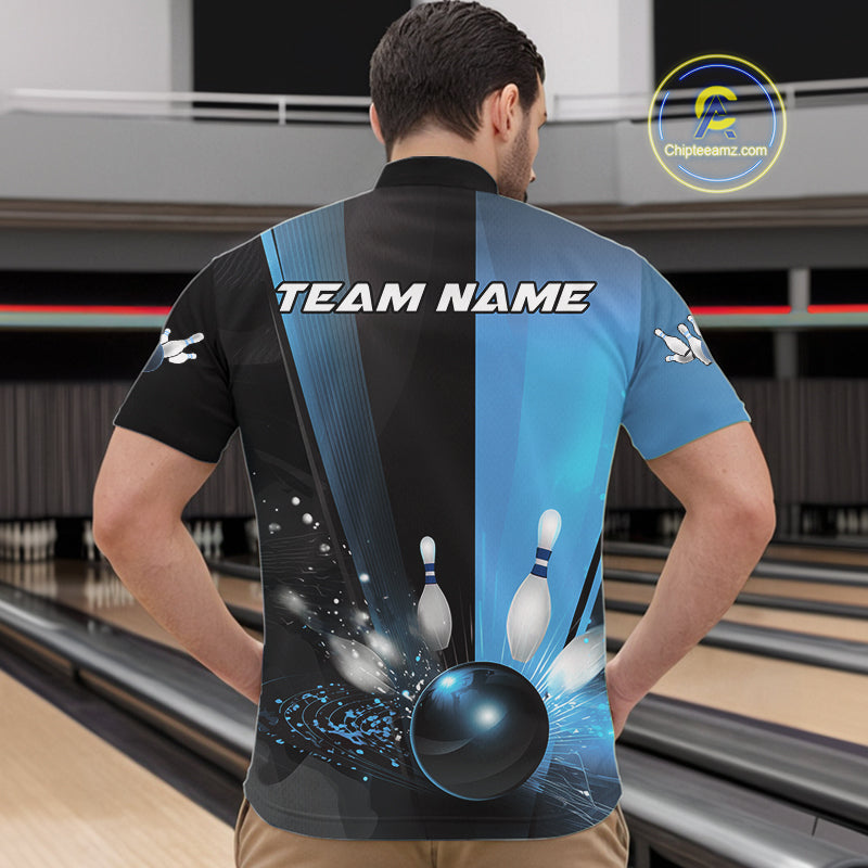 Custom Black And Blue Bowling Jerseys, Glowing Motion Graphic Bowling Men Quarter-Zip Shirt IPHW9444