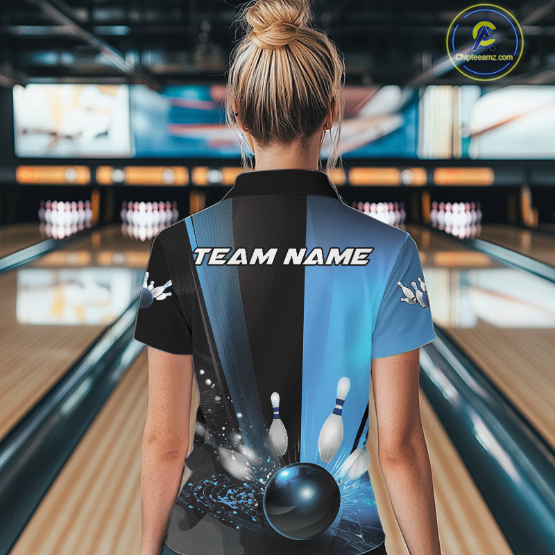Custom Black And Blue Bowling Jerseys, Glowing Motion Bowling Women Quarter-Zip Shirt IPHW9444