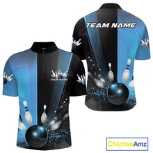Load image into Gallery viewer, Custom Black And Blue Bowling Jerseys, Glowing Motion Graphic Bowling Men Quarter-Zip Shirt IPHW9444