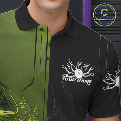 Half Black Half Green Custom Bowling Team Polo Shirts For Men, Bowling Tournament Shirt IPHW9445