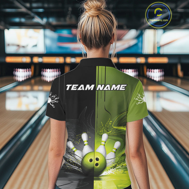 Half Black Half Green Custom Bowling Team Polo Shirts For Women, Bowling Tournament Shirt IPHW9445