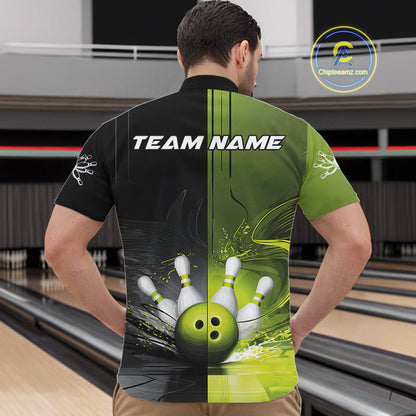 Half Black Half Green Custom Bowling Team Quarter-Zip Shirts For Men, Bowling Tournament Shirt IPHW9445