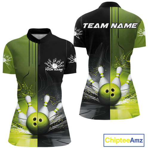 Half Black Half Green Custom Bowling Women Quarter-Zip Shirt, Bowling Tournament Shirt IPHW9445