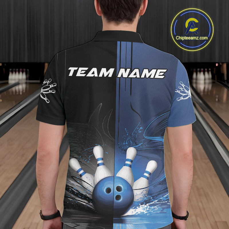 Half Black Half Blue Custom Bowling Team Polo Shirts For Men, Bowling Tournament Shirt IPHW9446