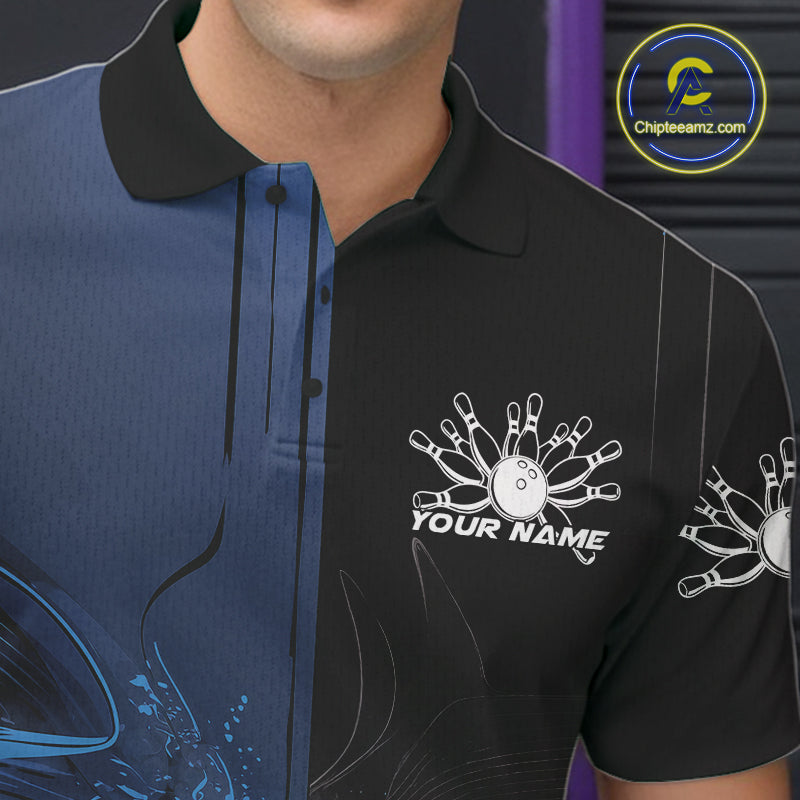 Half Black Half Blue Custom Bowling Team Polo Shirts For Men, Bowling Tournament Shirt IPHW9446