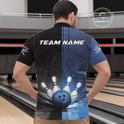 Half Black Half Blue Custom Bowling Team Quarter-Zip Shirts For Men, Bowling Tournament Shirt IPHW9446
