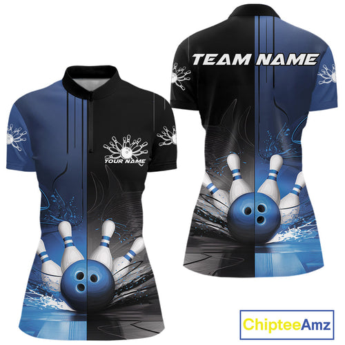 Half Black Half Blue Custom Bowling Women Quarter-Zip Shirt, Bowling Tournament Shirt IPHW9446