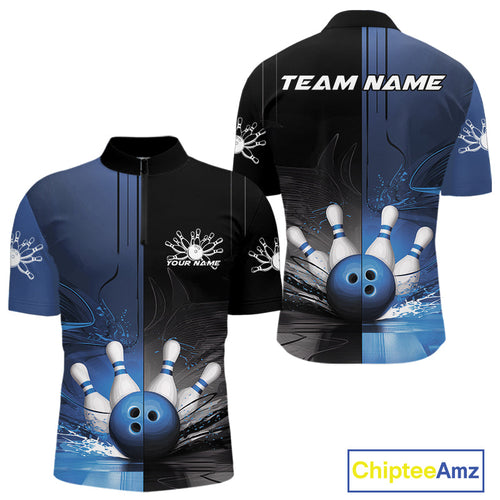 Half Black Half Blue Custom Bowling Team Quarter-Zip Shirts For Men, Bowling Tournament Shirt IPHW9446