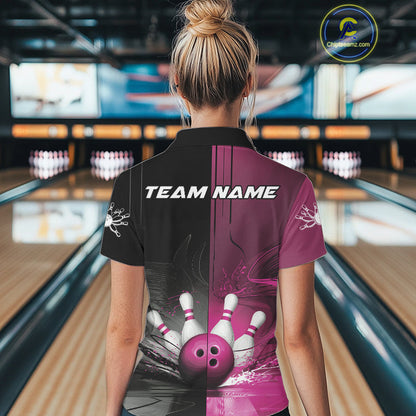 Half Black Half Pink Custom Bowling Team Polo Shirts For Women, Bowling Tournament Shirt IPHW9447