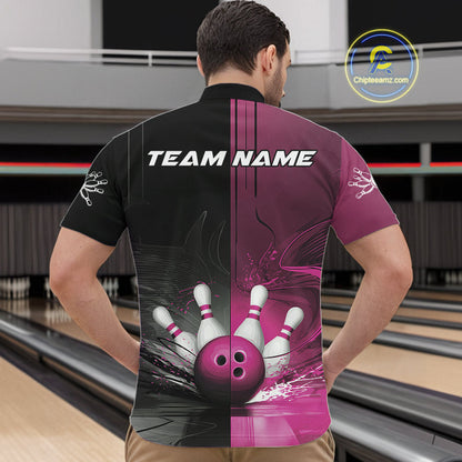 Half Black Half Pink Custom Bowling Team Quarter-Zip Shirts For Men, Bowling Tournament Shirt IPHW9447