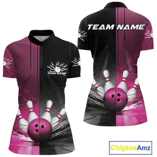 Half Black Half Pink Custom Bowling Women Quarter-Zip Shirt, Bowling Tournament Shirt IPHW9447
