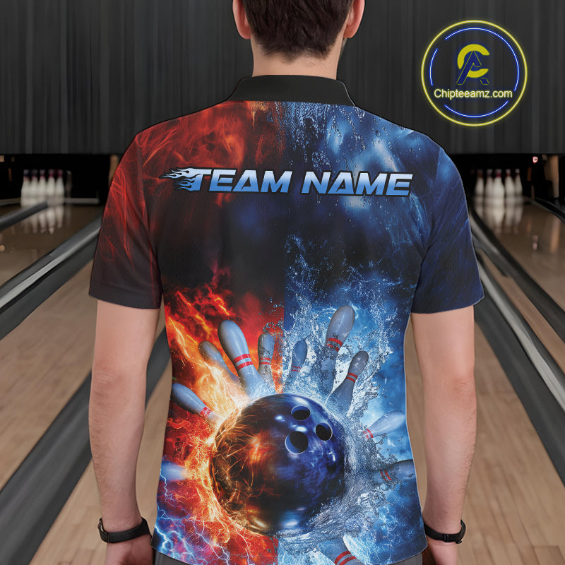 Custom Red Fire Blue Water Explosion Bowling Team Polo Shirts For Men, Bowling Uniform IPHW9448