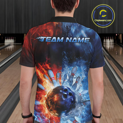 Custom Red Fire Blue Water Explosion Bowling Team Polo Shirts For Men, Bowling Uniform IPHW9448
