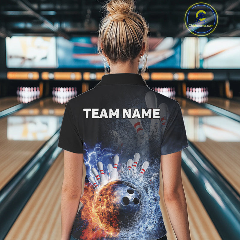 Custom Lightning, Fire And Water Splash Energy Burst Bowling Team Polo Shirts For Women IPHW9451
