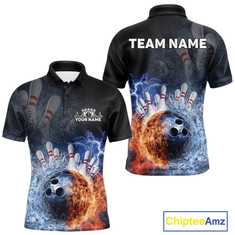 Custom Lightning, Fire And Water Splash Energy Burst Bowling Team Polo Shirts For Men IPHW9451