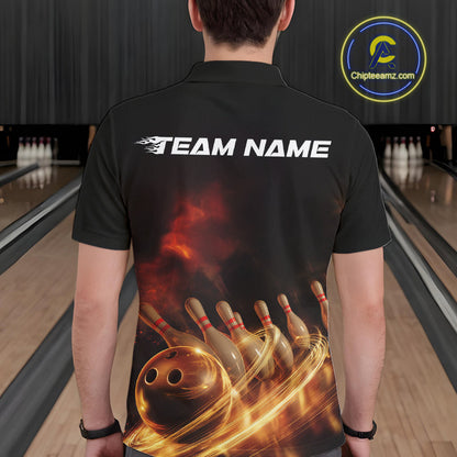 Custom Golden Glowing Effect Light Trails Bowling Team Polo Shirts For Men, Bowling Jersey IPHW9452