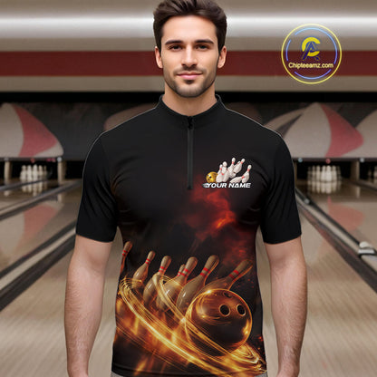 Custom Golden Glowing Effect Light Trails Bowling Team Quarter-Zip Shirts For Men, Bowling Jersey IPHW9452