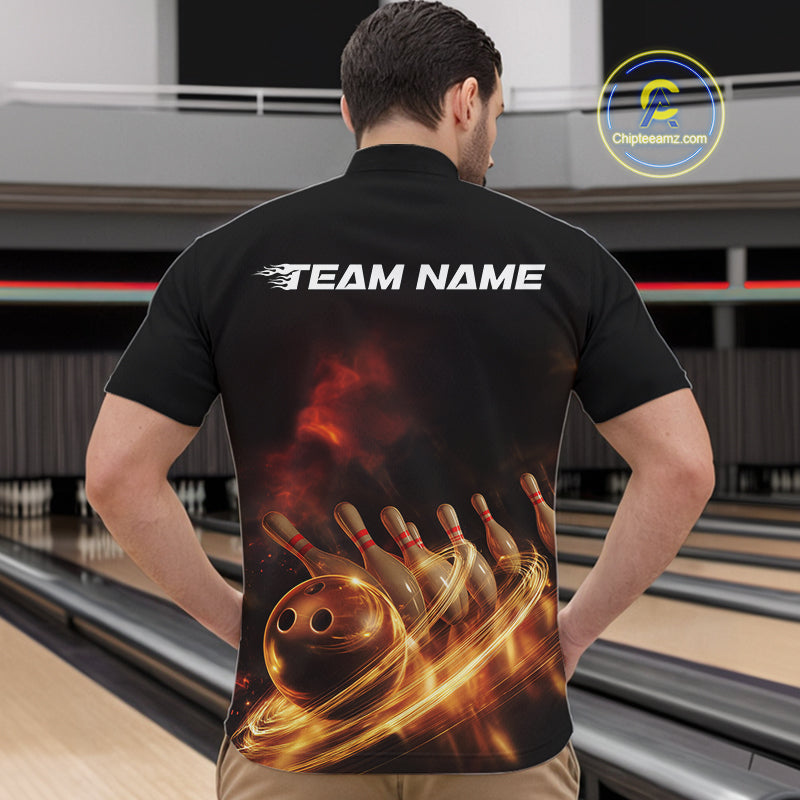 Custom Golden Glowing Effect Light Trails Bowling Team Quarter-Zip Shirts For Men, Bowling Jersey IPHW9452