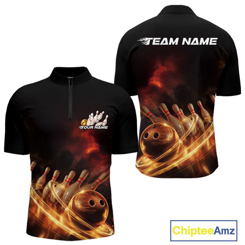 Custom Golden Glowing Effect Light Trails Bowling Team Quarter-Zip Shirts For Men, Bowling Jersey IPHW9452