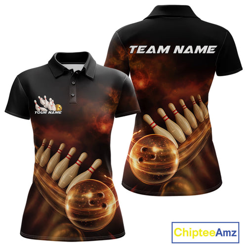 Custom Black And Gold Fire Energy Streaks Bowling Team Women Polo Shirts, Bowling Uniform IPHW9453