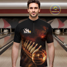 Load image into Gallery viewer, Custom Black And Gold Fire Energy Streaks Bowling Team Men Quarter-Zip Shirts, Bowling Uniform IPHW9453