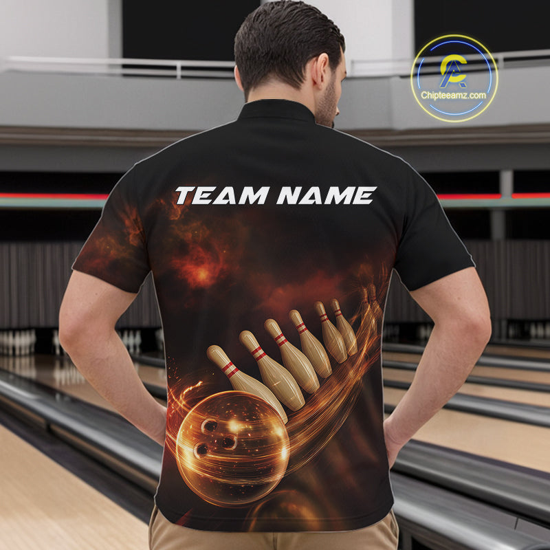Custom Black And Gold Fire Energy Streaks Bowling Team Men Quarter-Zip Shirts, Bowling Uniform IPHW9453