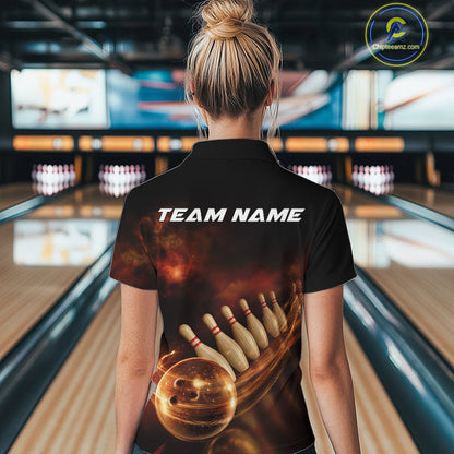 Custom Black And Gold Fire Energy Streaks Bowling Team Women Quarter-Zip Shirt Uniform IPHW9453
