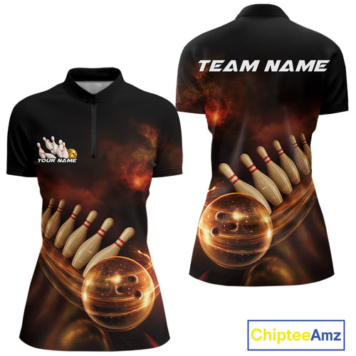 Custom Black And Gold Fire Energy Streaks Bowling Team Women Quarter-Zip Shirt Uniform IPHW9453