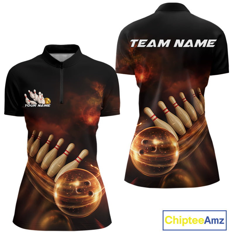 Custom Black And Gold Fire Energy Streaks Bowling Team Women Quarter-Zip Shirt Uniform IPHW9453