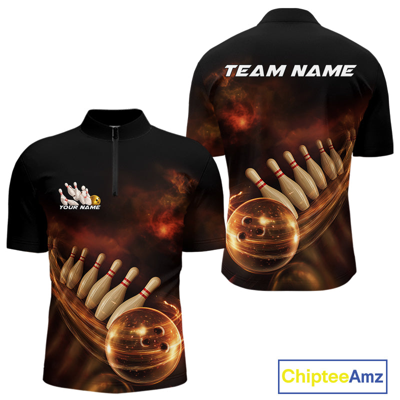 Custom Black And Gold Fire Energy Streaks Bowling Team Men Quarter-Zip Shirts, Bowling Uniform IPHW9453