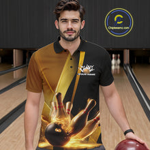 Load image into Gallery viewer, Custom Black And Glowing Gold Bowling Team Men Polo Shirts, Golden Bowling Jerseys IPHW9454