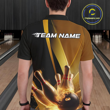 Custom Black And Glowing Gold Bowling Team Men Polo Shirts, Golden Bowling Jerseys IPHW9454