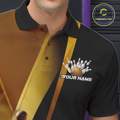Custom Black And Glowing Gold Bowling Team Men Polo Shirts, Golden Bowling Jerseys IPHW9454