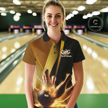 Load image into Gallery viewer, Custom Black And Glowing Gold Bowling Team Women Polo Shirts, Golden Bowling Jerseys IPHW9454