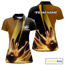 Load image into Gallery viewer, Custom Black And Glowing Gold Bowling Team Women Polo Shirts, Golden Bowling Jerseys IPHW9454