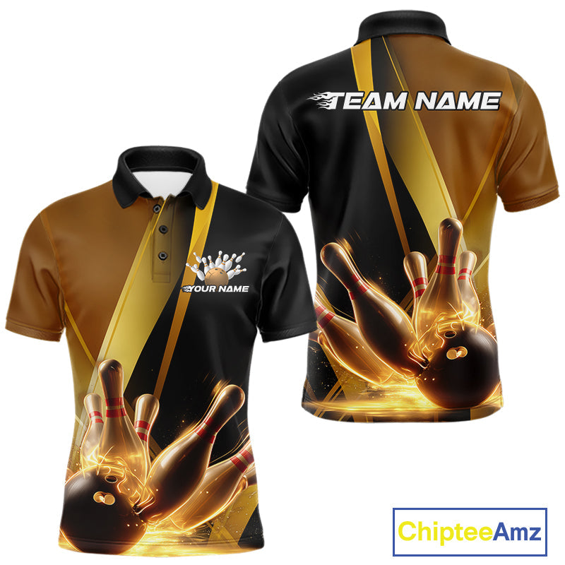 Custom Black And Glowing Gold Bowling Team Men Polo Shirts, Golden Bowling Jerseys IPHW9454