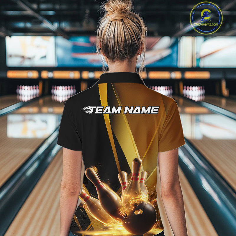 Custom Black And Glowing Gold Bowling Team Women Quarter-Zip Shirt, Bowling Jerseys IPHW9454