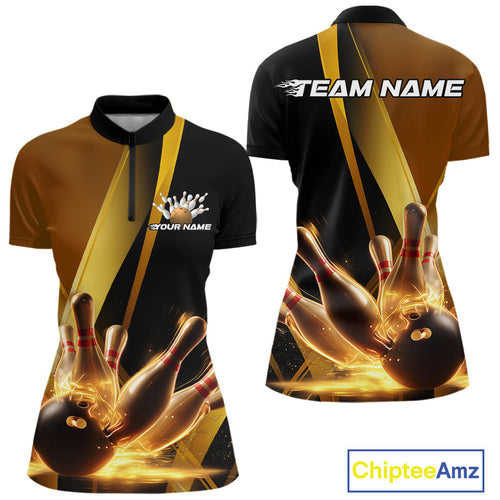 Custom Black And Glowing Gold Bowling Team Women Quarter-Zip Shirt, Bowling Jerseys IPHW9454