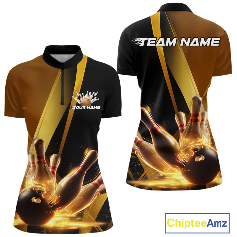 Custom Black And Glowing Gold Bowling Team Women Quarter-Zip Shirt, Bowling Jerseys IPHW9454