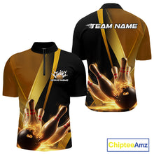Load image into Gallery viewer, Custom Black And Glowing Gold Bowling Team Men Quarter-Zip Shirts, Golden Bowling Jerseys IPHW9454