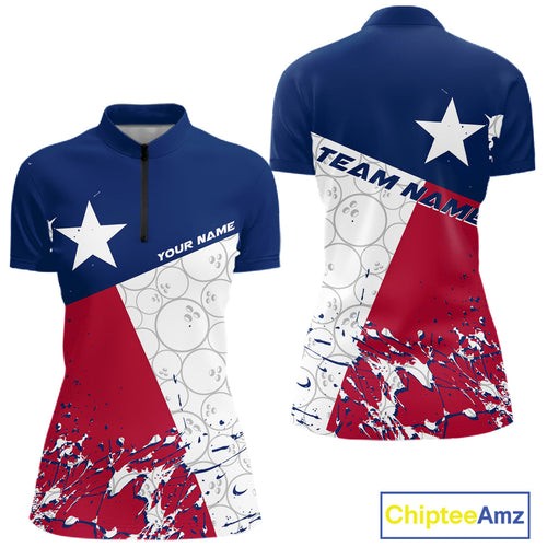 Custom Texas Flag Bowling Women Quarter-Zip Shirts, Bowling League Shirt Team Uniform IPHW9632