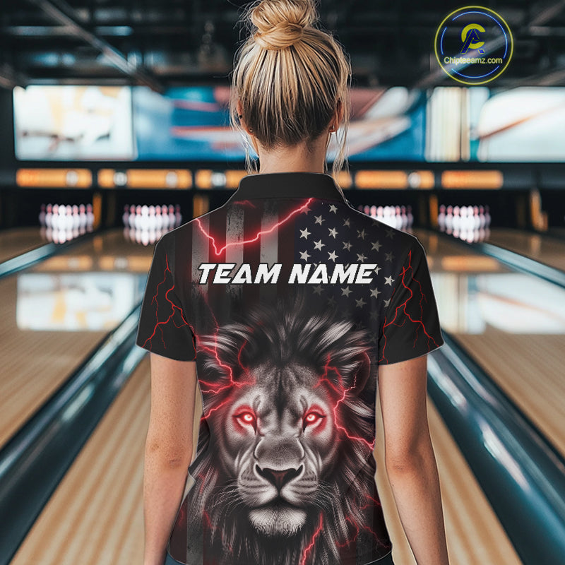 Custom Red Thunder Lightning Patriotic Lion Women Polo Shirts, US Flag Bowling Jerseys IPHW9322