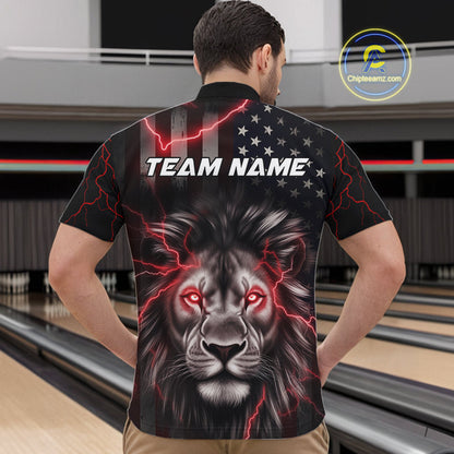 Custom Red Thunder Lightning Patriotic Lion Quarter-Zip Shirts For Men, US Flag Bowling Jerseys IPHW9322