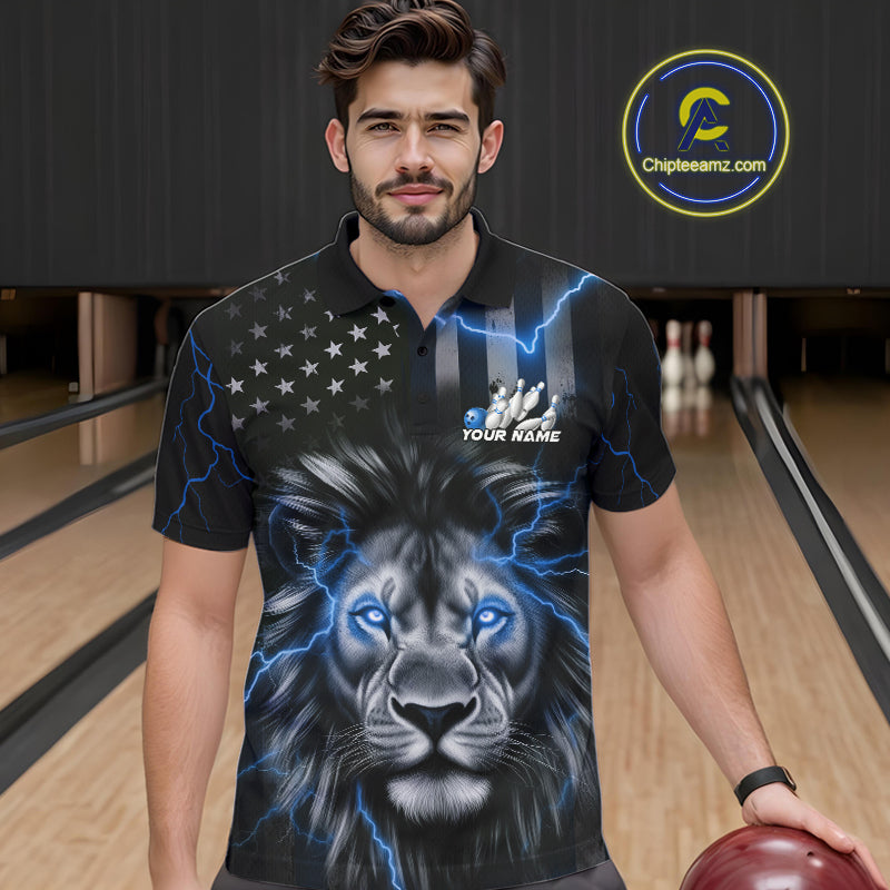 Custom Blue Thunder Lightning Patriotic Lion Polo Shirts For Men, US Flag Bowling Jerseys IPHW9323