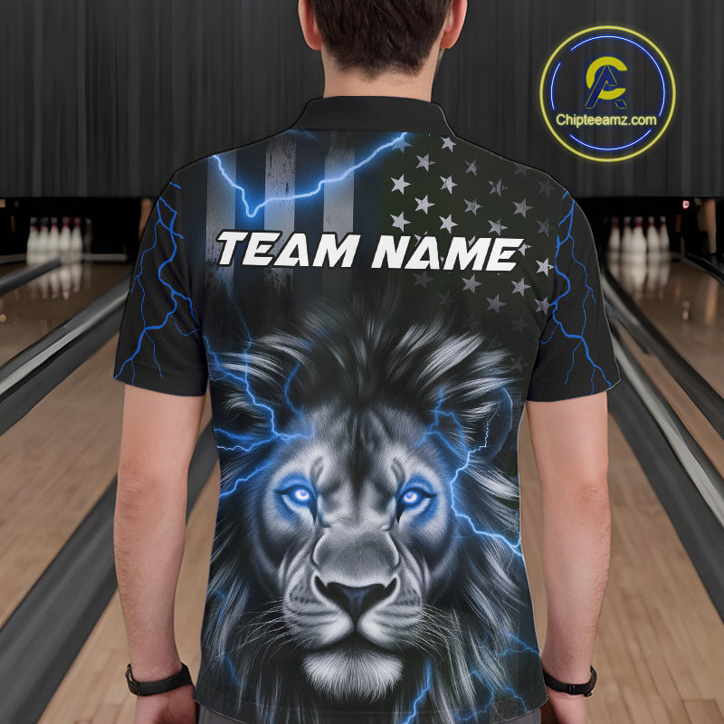 Custom Blue Thunder Lightning Patriotic Lion Polo Shirts For Men, US Flag Bowling Jerseys IPHW9323
