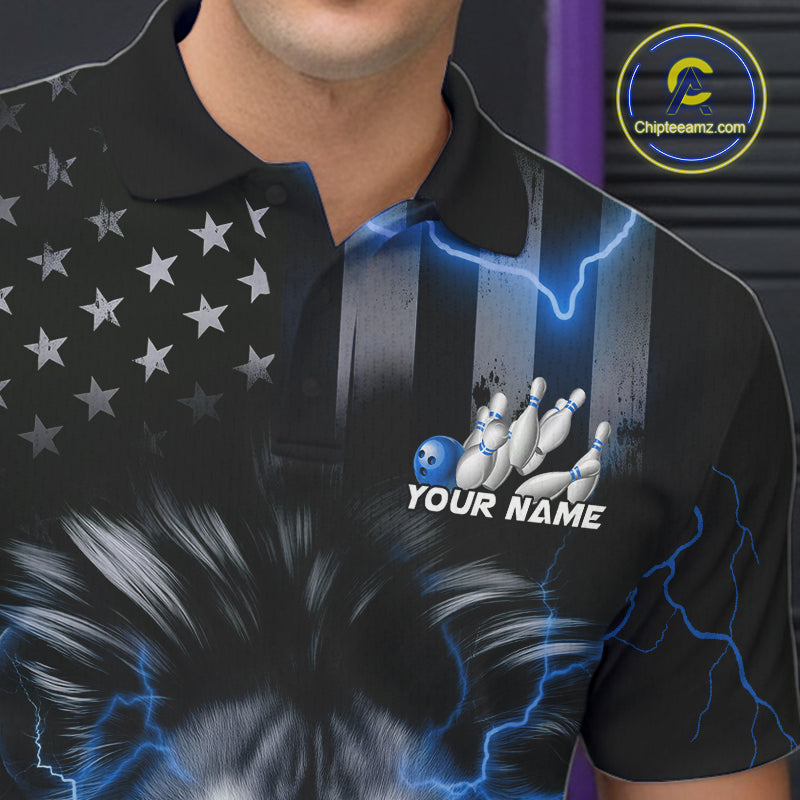 Custom Blue Thunder Lightning Patriotic Lion Polo Shirts For Men, US Flag Bowling Jerseys IPHW9323