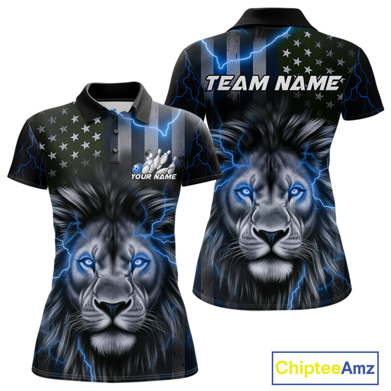 Custom Blue Thunder Lightning Patriotic Lion Women Polo Shirts, US Flag Bowling Jerseys IPHW9323