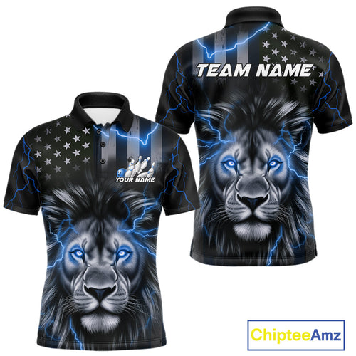 Custom Blue Thunder Lightning Patriotic Lion Polo Shirts For Men, US Flag Bowling Jerseys IPHW9323